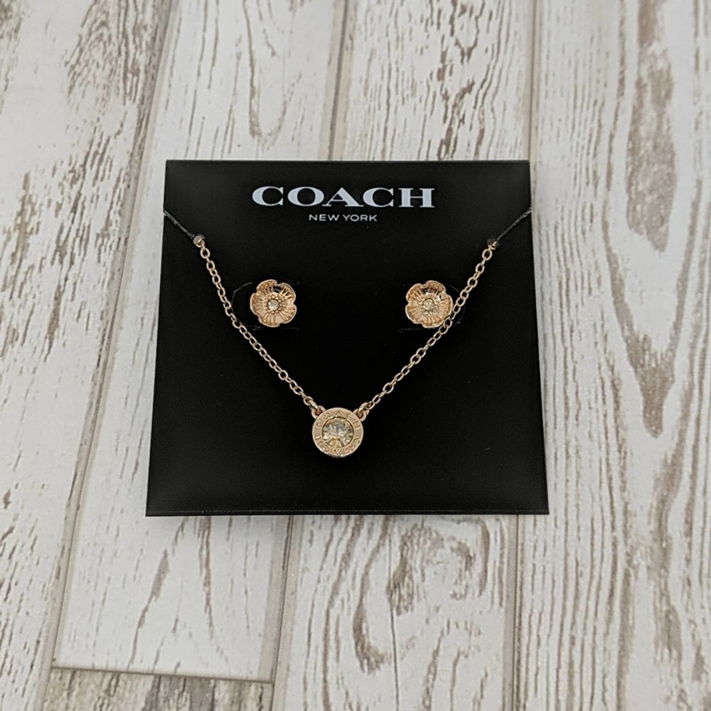 Coach Rose Gold Plated Open Circle Necklace And Tea Rose Stud Set